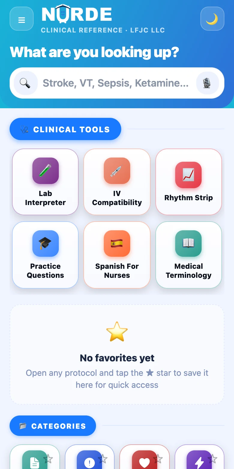 The NURDE home screen: a search field reading “What are you looking up?”, a row of clinical tool tiles, and the start of the category folder grid.
